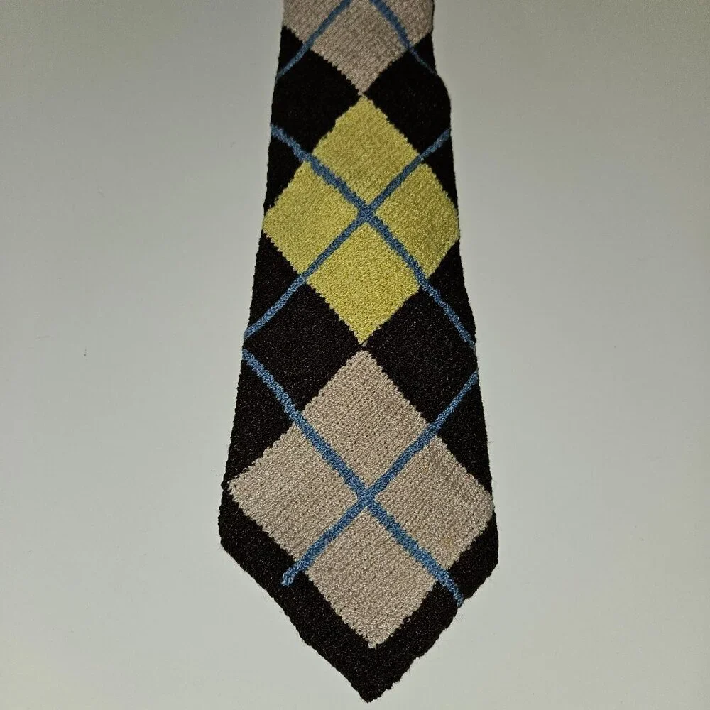 VTG Handmade Knit Neck Tie Argyle Brown Blue Yellow Tan 52